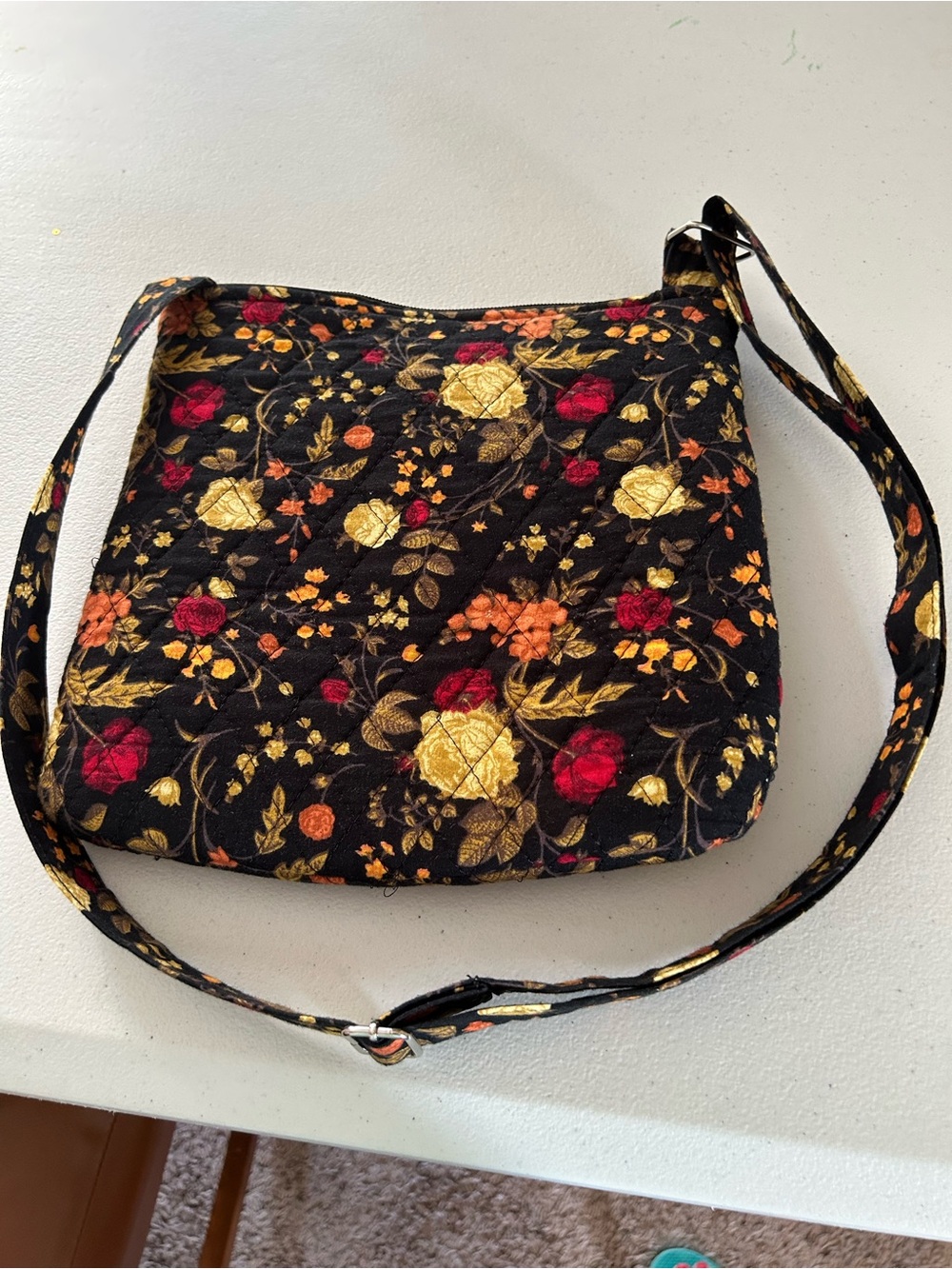 Black Quilted Crossbody with Gold, Red & Orange Floral Embroidery
